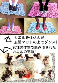 カエルを仕込んだ玄関マットを踏んで2人の美女がダンス